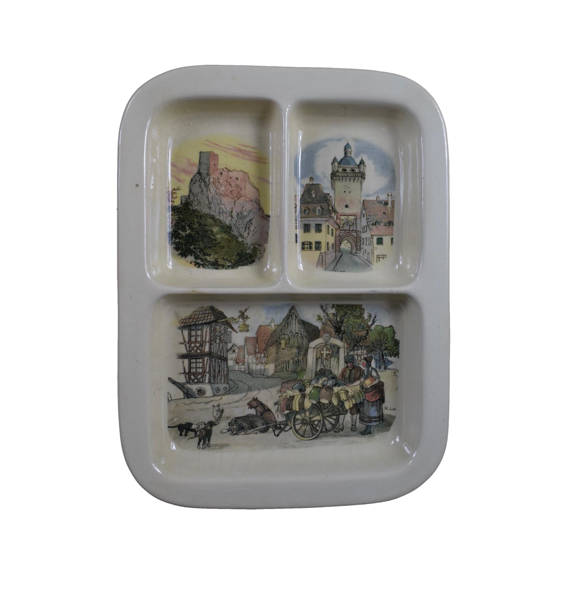 Antique Français Sarreguemines Obernai Plaque Trois Compartiments