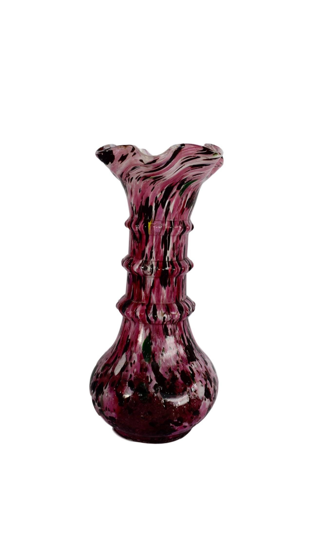 Ancien Français Authentique Art Verre Clichy Vase - en Noir Blanc et Rose Fleur