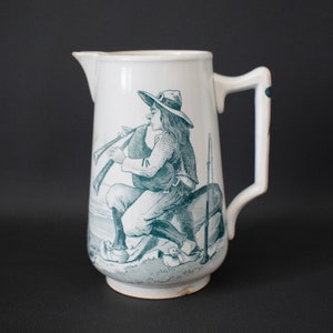 Rare Creil & Montereau Faience Water Pitcher 19th.C Breton Musician Dog and Pigs