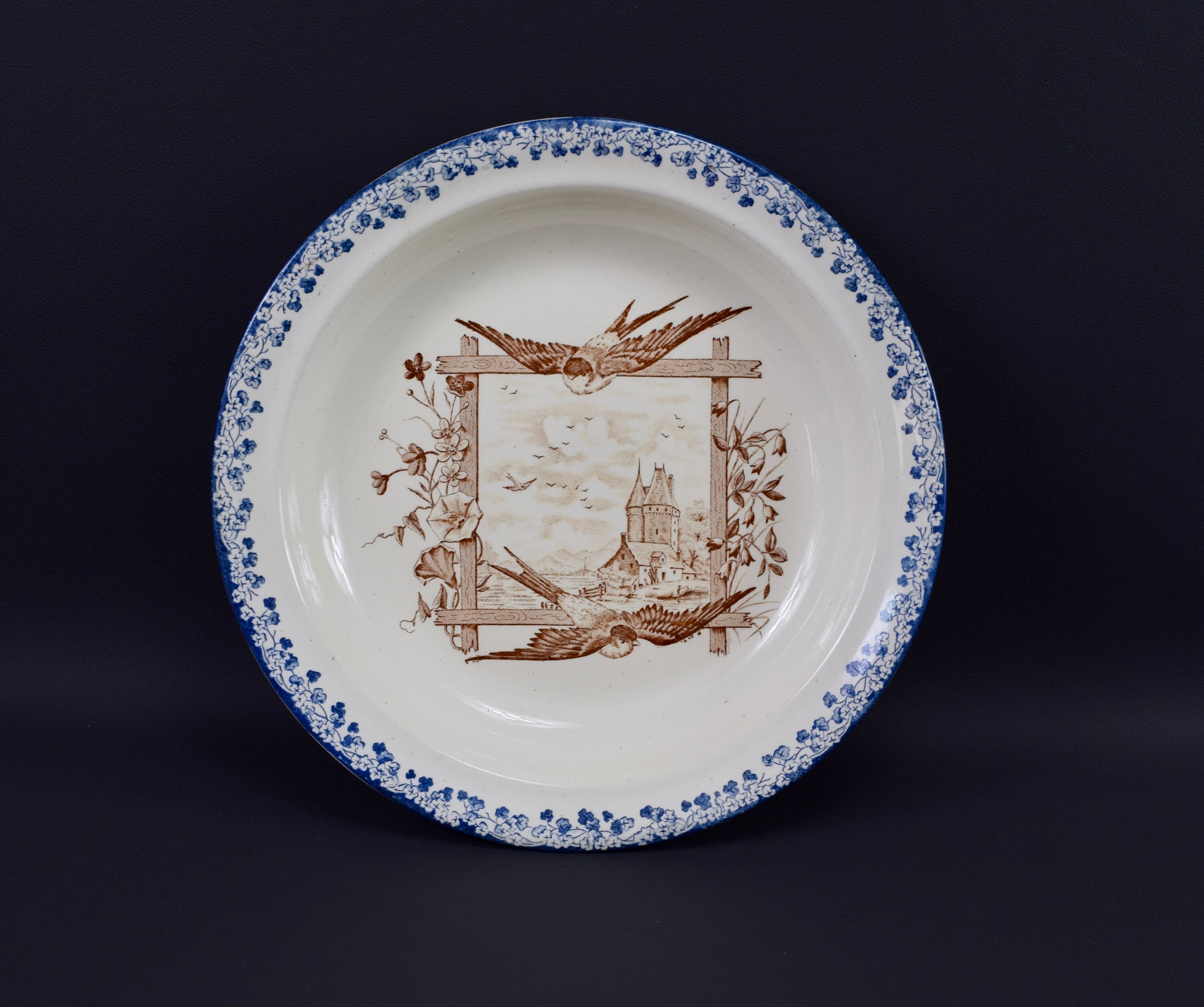 Français Antique Birds Transferware Serving Hollow Plate Platter 19Ème. C