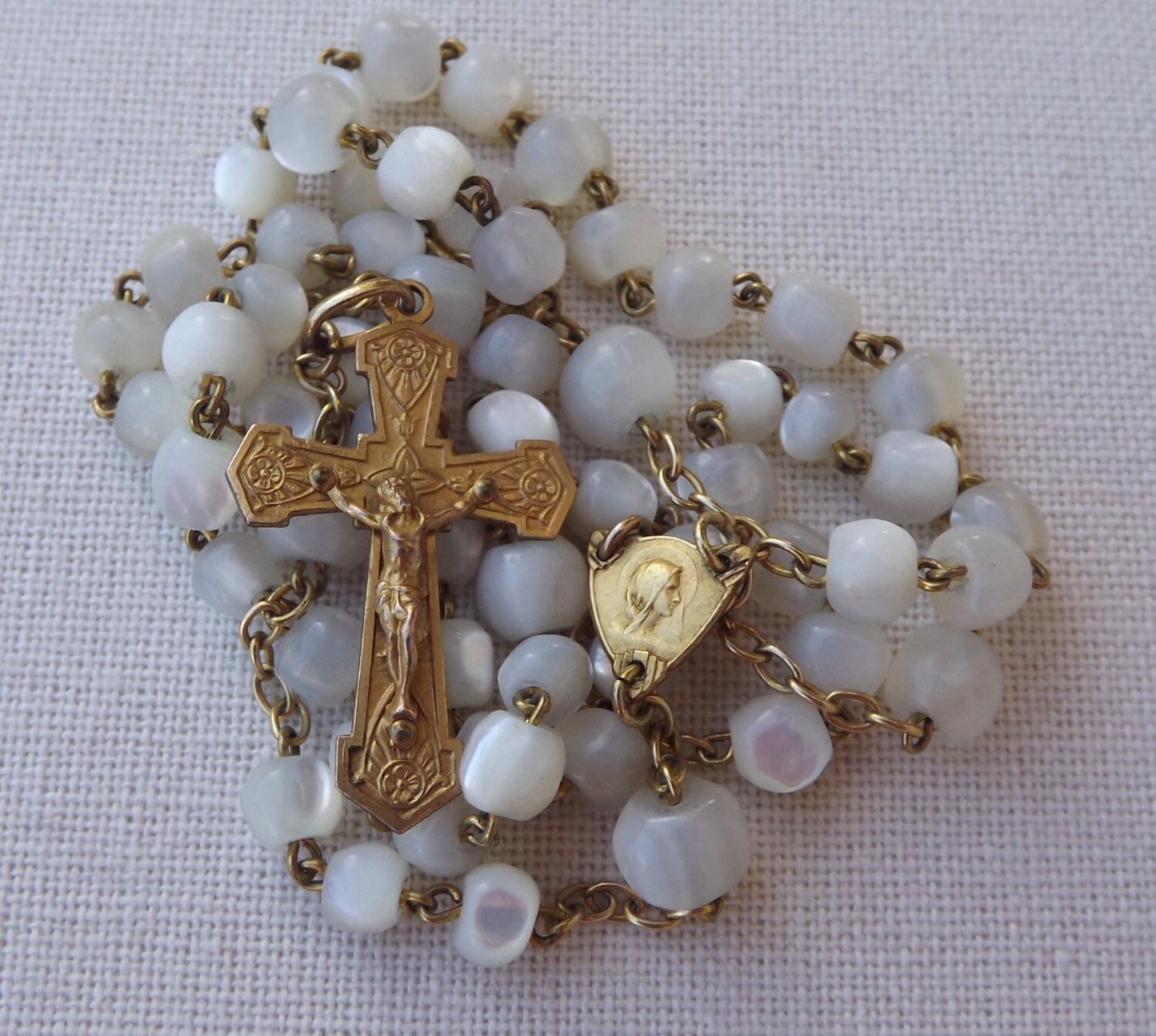 Ancien Chapelet Religieux Français - Mère de Perles Nacre Plaqué Or Ancien Catholique Collier Vierge