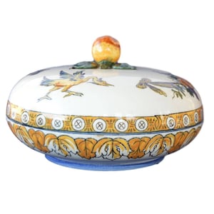 Antique French Hand Painted Gien Box - Candy Box - Decor Renaissance - 19th Century - Jewelry Box