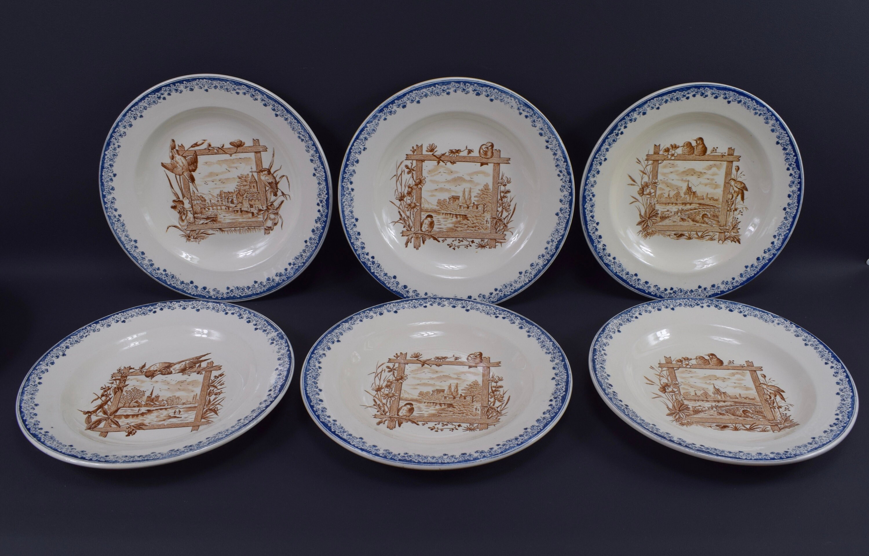 Ensemble de Français Antique Set Of 6 Salins Soup Plates Paysage Bird Transferware