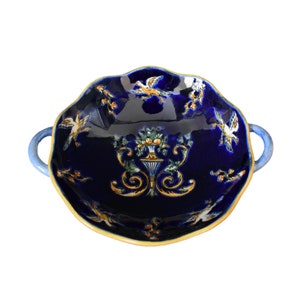 Vintage Gien Bowl With Handles Blue Renaissance Decor