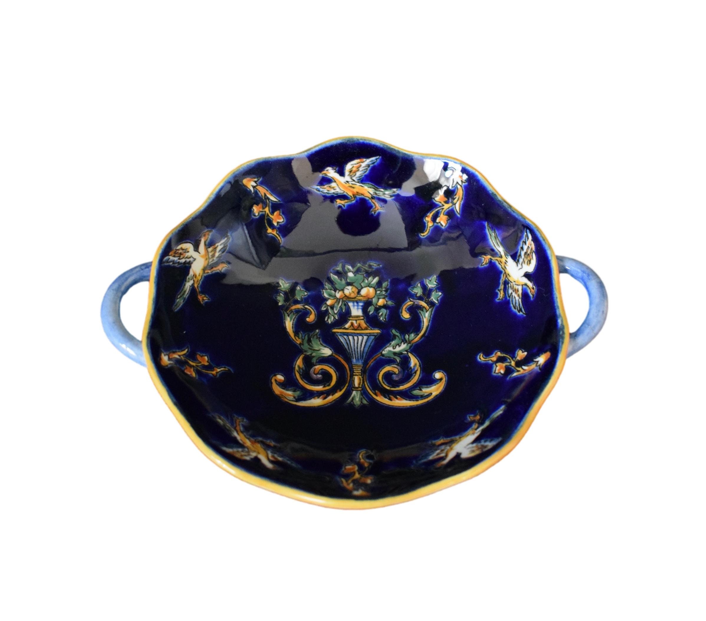 Bol Gien Vintage avec Poignées Bleu Renaissance Décor
