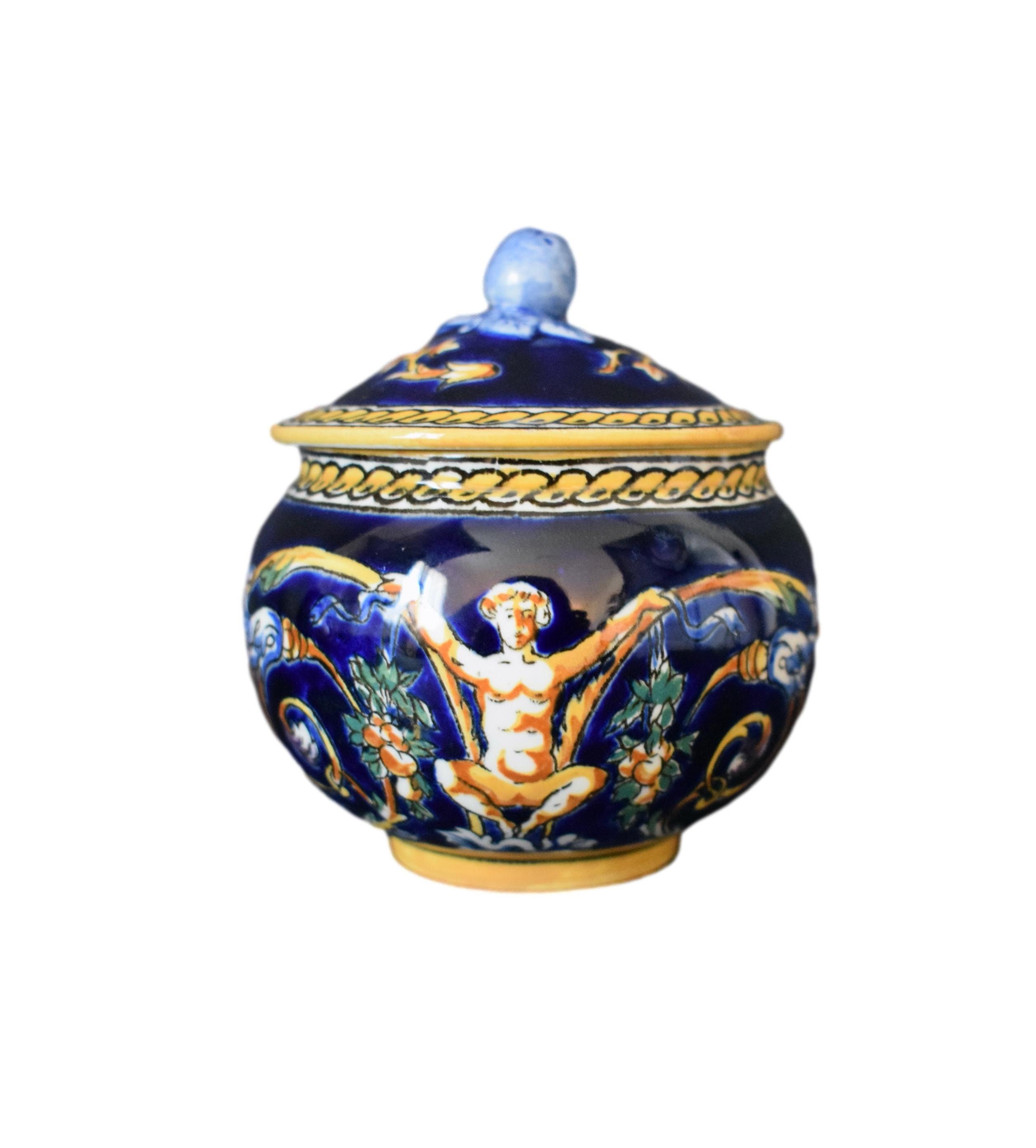 Vintage Gien Sugar Bowl Blue Renaissance Décor