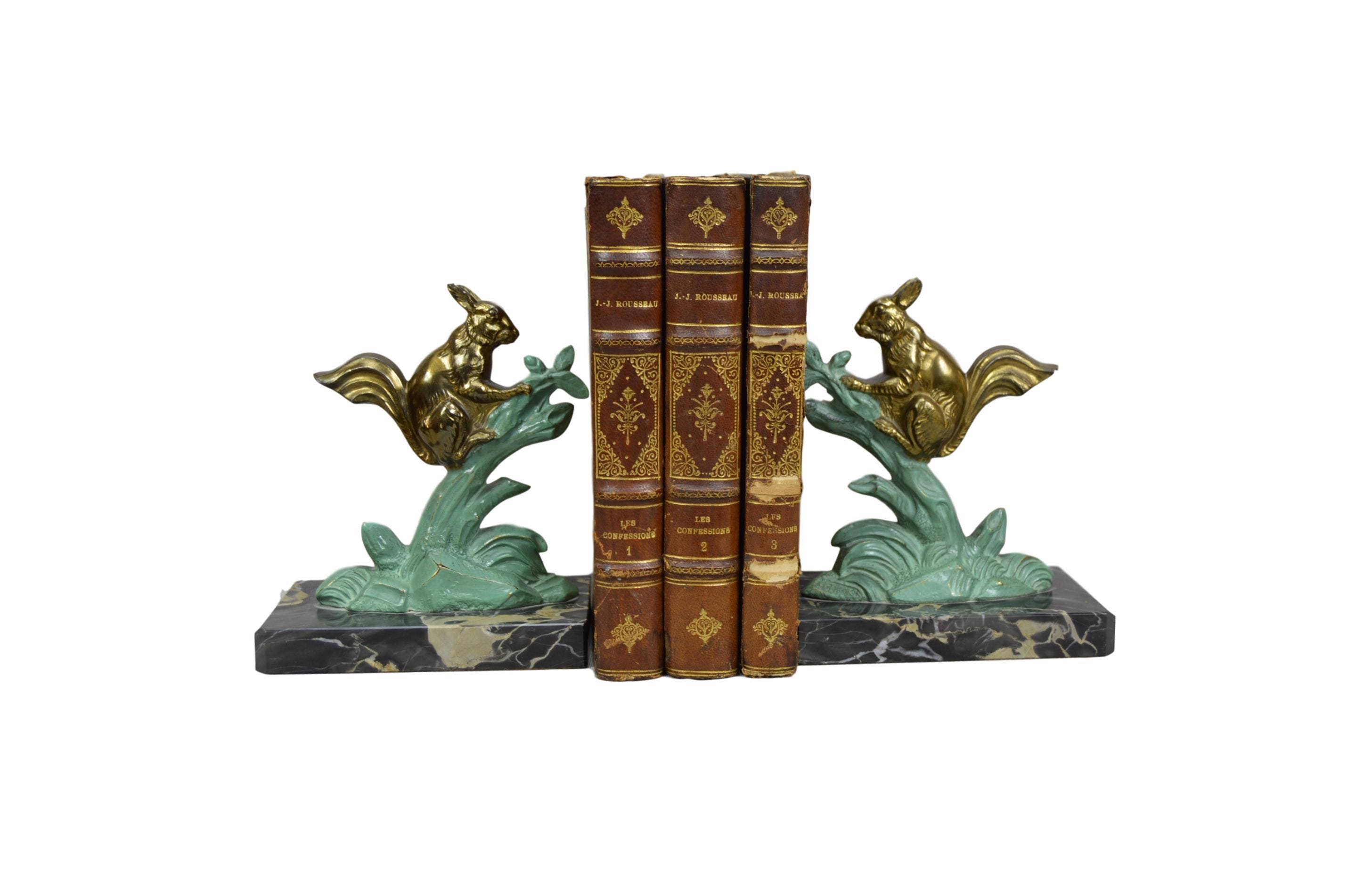 Français Art Déco Paire de Serre-Livres - Français Marble Squirrel Book Ends Accessoire Bureau Décor