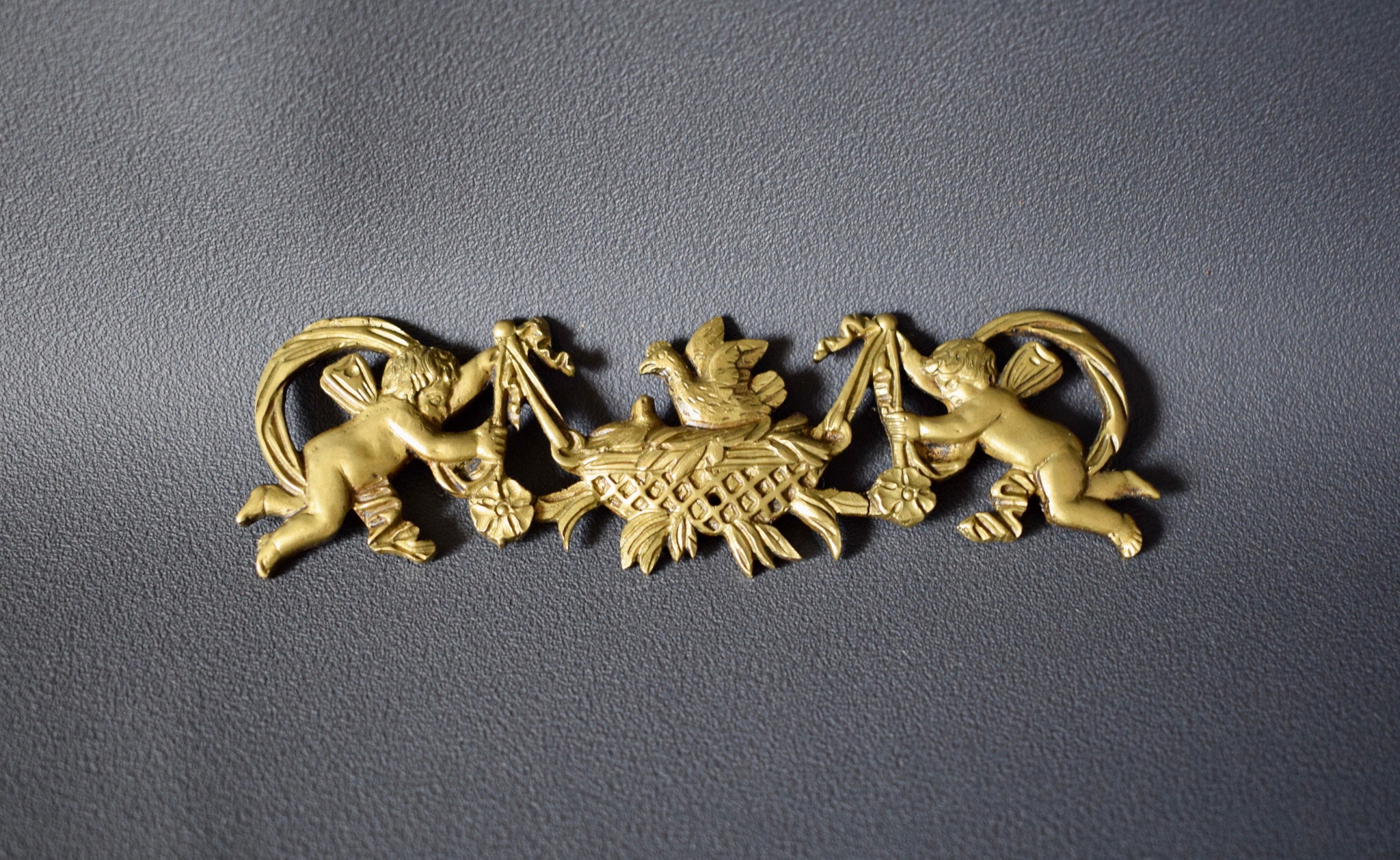 Antique Français Shabby Chic Bronze Pediment With Birds Angels