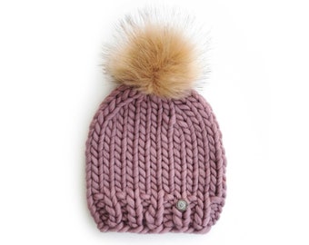 Emily Bobble Tamaño del bebé / Super Chunky / Hecho a mano / Sombrero de punto / Sombrero de lana / Piel sintética / Piel Pom Pom / Bebé / Niños