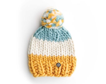 Ollie Bobble Bebé / Sombrero de punto / Sombrero lanudo / Super Chunky / Sombrero de rayas / Hecho a mano / Sombrero de bebé / Aqua / Amarillo