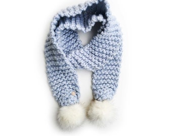 Toula bufanda adulto / bufanda de punto / hecho a mano / Super chunky / bufanda de lana / piel Pom Pom / piel falsa