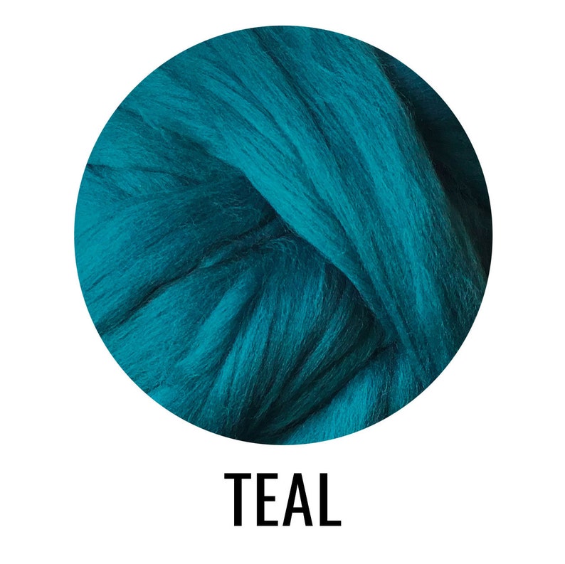 May include: Teal colored wool roving, a soft and fluffy fiber used for spinning yarn, felting, and other crafts.