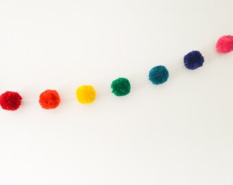 Small Rainbow Pom Pom Garland | Multi Colour Wool