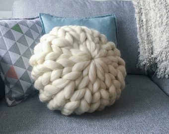 Almohada de punto gigante / Lana británica / Cojín de lana / Hilo gigante / Hilo de lana gigante / Verde azulado / Gris / Naranja / Crudo / Blanco / Rosa