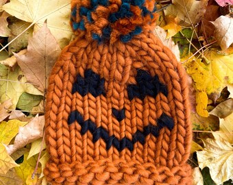 Chunky Knitted Pumpkin Hat / Lana Merino / Newborn Baby Kids Adult / Halloween