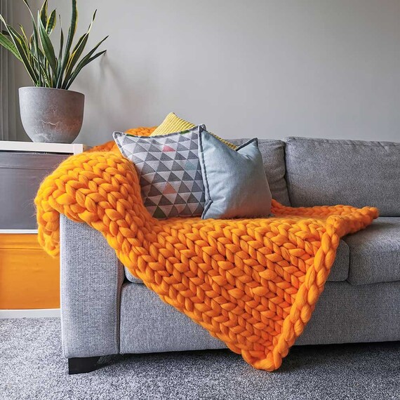Chunky Knit Blanket ORANGE Giant Yarn Throw Jumbo Yarn Giant Yarn Giant Wool Yarn British Wool Etsy UK
