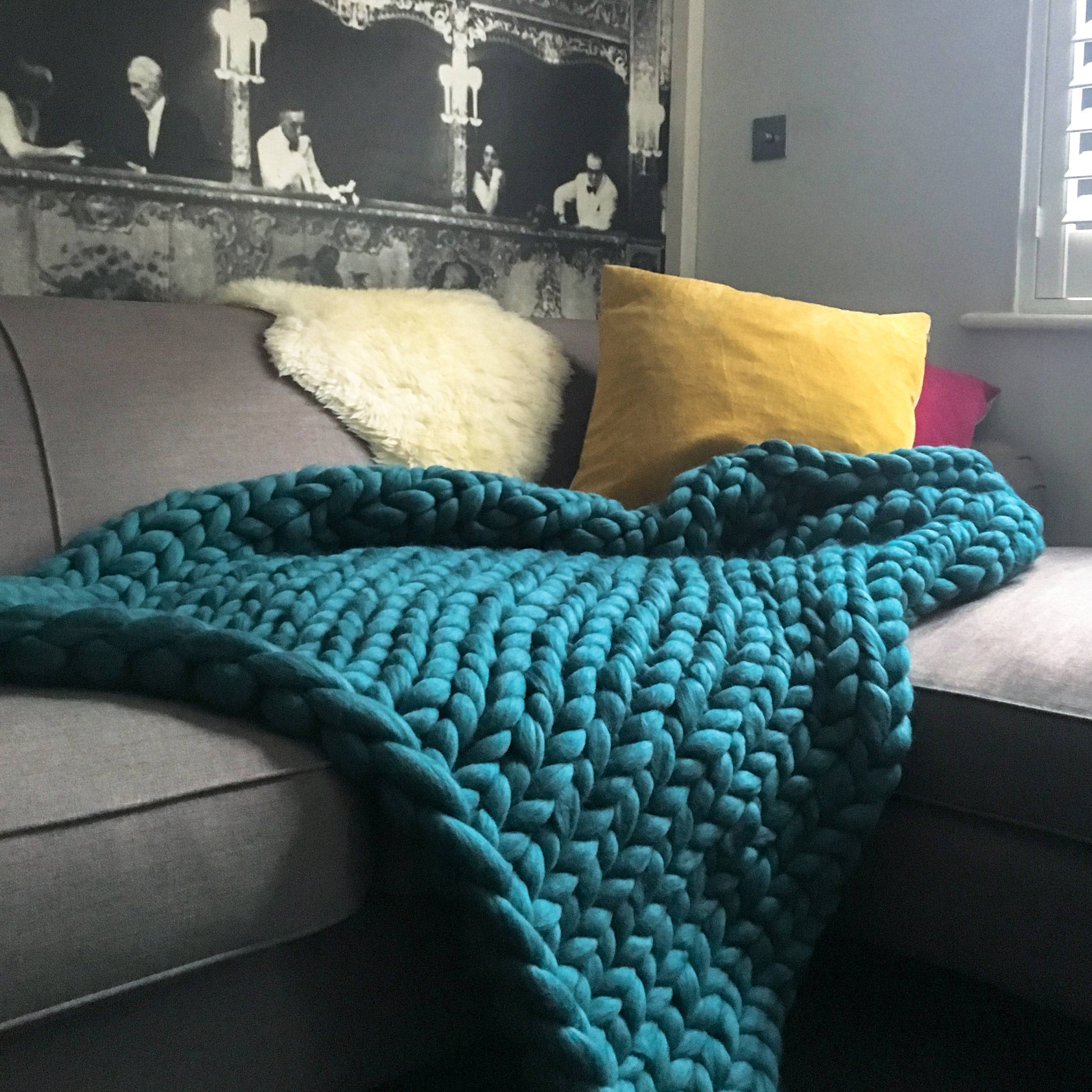 Chunky Knit Blanket ORANGE Giant Yarn Throw Jumbo Yarn Giant Yarn Giant