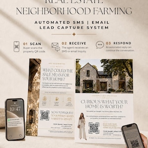 May include: A real estate marketing kit featuring two printed flyers with property photos and QR codes, alongside two smartphones displaying notification and scanning interfaces. Text includes Real Estate Neighborhood Farming and Automated SMS Email Lead Capture System.