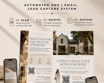Puede incluir: Un kit de marketing inmobiliario con dos folletos impresos con fotos de propiedades y códigos QR, junto a dos teléfonos inteligentes que muestran interfaces de notificación y escaneo. El texto incluye Real Estate Neighborhood Farming y Automated SMS Email Lead Capture System.