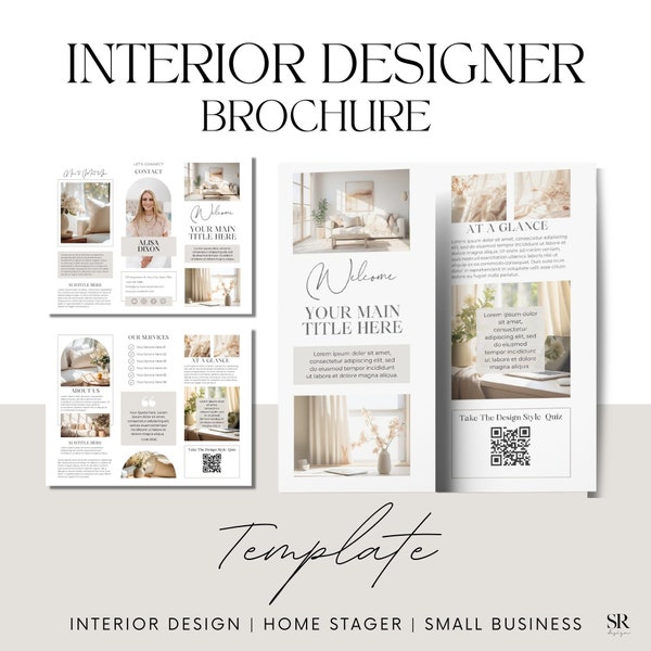 Elegant Trifold Brochure Canva Template for Interior Designers with QR code | Service Menu