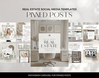 Puede incluir: Un conjunto de plantillas de redes sociales para bienes raíces, diseñadas para publicaciones fijadas en Instagram. Las plantillas presentan una paleta de colores neutros con superposiciones de texto, incluyendo "Real Estate" y "Pinned Posts". El tema general es profesional y moderno.