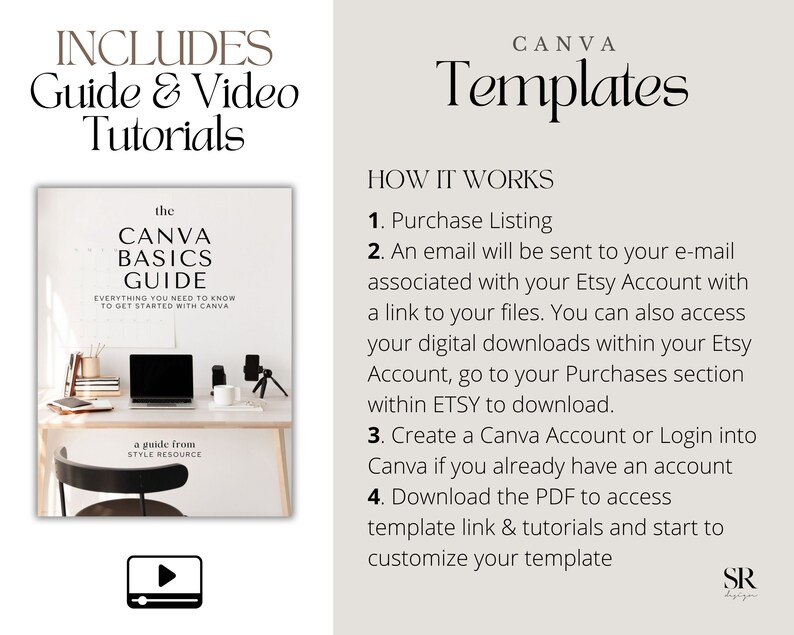 Puede incluir: Una oferta de productos digitales para plantillas de Canva, que incluye una gu&iacute;a y tutoriales en video. La imagen muestra una portada de libro titulada "Canva Basics Guide" y un icono de reproducci&oacute;n. El texto "INCLUDES Guide & Video Tutorials" y "CANVA Templates" se muestra en la parte superior de la imagen. El texto "HOW IT WORKS" se muestra sobre una lista de instrucciones.