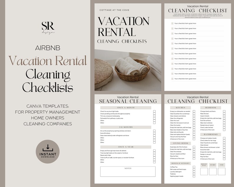 Puede incluir: Una plantilla de lista de verificaci&oacute;n de limpieza para alquiler vacacional imprimible en un esquema de color beige y marr&oacute;n. La plantilla incluye una lista de verificaci&oacute;n para la limpieza estacional, una lista de verificaci&oacute;n para la limpieza de la cocina, una lista de verificaci&oacute;n para la limpieza del dormitorio y una lista de verificaci&oacute;n para la limpieza del ba&ntilde;o. La plantilla tambi&eacute;n incluye una secci&oacute;n para notas.