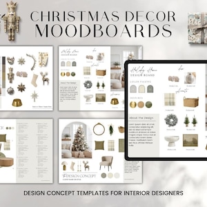 May include: Christmas decor mood board templates for interior designers. The image features design concept boards with color palettes, textures, and design elements. A tablet displays a design board with a Christmas tree.