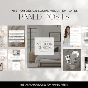 May include: Instagram carousel template for interior design social media posts. The template includes a variety of images, including a woman, a room, and a laptop. The text on the images includes "Hey there! I'm Alissa", "Virtual Room Makeover", "The Style Starter Kit", "SOCIAL MEDIA INTERIOR DESIGN PINNED POST TEMPLATE", "What I offer", "11 Design Consult", "FREE", and "CUSTOMER WINS".