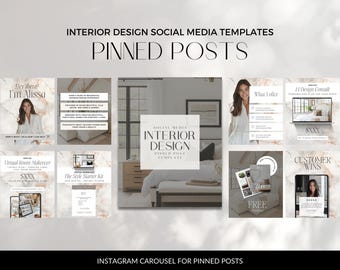 Puede incluir: Plantilla de carrusel de Instagram para publicaciones de redes sociales de diseño de interiores. La plantilla incluye una variedad de imágenes, que incluyen una mujer, una habitación y una computadora portátil. El texto en las imágenes incluye "Hey there! I'm Alissa", "Virtual Room Makeover", "The Style Starter Kit", "SOCIAL MEDIA INTERIOR DESIGN PINNED POST TEMPLATE", "What I offer", "11 Design Consult", "FREE" y "CUSTOMER WINS".