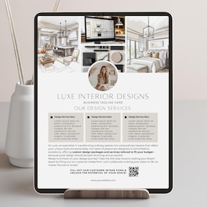 May include: A digital flyer for Luxe Interior Designs, a business that specialises in transforming ordinary spaces into extraordinary havens. The flyer features a collage of interior design sketches and a photo of a woman. The text on the flyer includes the business name, tagline, and a description of the services offered.