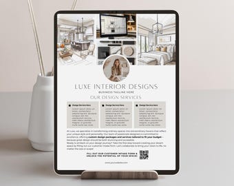 May include: A digital flyer for Luxe Interior Designs, a business that specializes in transforming ordinary spaces into extraordinary havens. The flyer features a collage of interior design sketches and a photo of a woman. The text on the flyer includes the business name, tagline, and a description of the services offered.