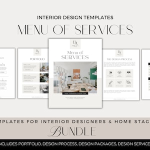 Modelo de guia do cliente para menu de serviços de design de interiores, pacotes e processos de design, portfólio para designers de interiores, e-design, home stagers