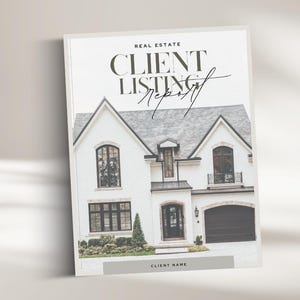 May include: A white and gray real estate client listing report. The cover features a photograph of a modern white house with a gray roof and black accents. The text "REAL ESTATE CLIENT LISTING REPORT" is displayed in black and gray.