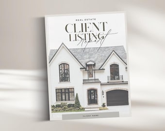 Puede incluir: Un informe de listado de clientes de bienes raíces en blanco y gris. La portada presenta una fotografía de una casa blanca moderna con techo gris y detalles en negro. El texto "REAL ESTATE CLIENT LISTING REPORT" se muestra en negro y gris.