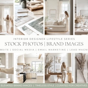 Pode incluir: Uma colagem de fotos de stock e imagens de marca de design de interiores. As imagens mostram várias cenas de decoração de casa, incluindo um quarto, uma sala de estar e uma cozinha. O texto na imagem diz: "INTERIOR DESIGNER LIFESTYLE SERIES STOCK PHOTOS | BRAND IMAGES".