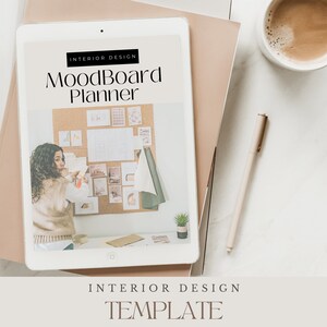 May include: A digital tablet displaying a mood board planner template for interior design. The template features a corkboard with various images and notes, and a woman is seen adding to the board. The text on the tablet reads "Interior Design MoodBoard Planner".