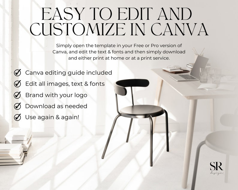 Puede incluir: Un fondo blanco con texto que dice "EASY TO EDIT AND CUSTOMIZE IN CANVA." El texto est&aacute; en negro y en una fuente grande. Debajo del texto hay una lista de vi&ntilde;etas con marcas de verificaci&oacute;n junto a ellas. Las vi&ntilde;etas dicen: "Canva editing guide included", "Edit all images, text & fonts", "Brand with your logo", "Download as needed", "Use again & again!" Una computadora port&aacute;til, una silla y una pila de libros est&aacute;n en el fondo.