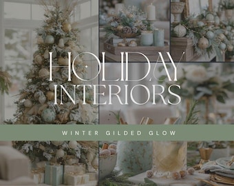 Puede incluir: Un collage de decoración interior festiva que presenta un árbol de Navidad flocado con adornos dorados y azules, un centro de mesa con velas, una repisa decorada y un vaso. El texto dice HOLIDAY INTERIORS y WINTER GILDED GLOW.