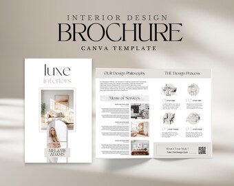 Puede incluir: Un folleto para una empresa de diseño de interiores de lujo llamada "luxe interiors". El folleto presenta un fondo blanco con texto negro e imágenes de proyectos de diseño de interiores. El folleto incluye información sobre la filosofía de diseño de la empresa, sus servicios y su proceso de diseño. El folleto también incluye un código QR para realizar un cuestionario de diseño.