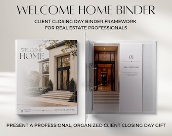 Puede incluir: Un archivador transparente con la etiqueta "WELCOME HOME BINDER" con texto para profesionales inmobiliarios. El archivador está abierto, revelando páginas interiores. La portada presenta una imagen de una casa.