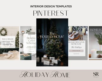 Puede incluir: Una colección de gráficos de redes sociales al estilo de Pinterest para inspirar el diseño de interiores. Los gráficos presentan imágenes de árboles de Navidad decorados, esquemas de colores navideños y consejos para transformar tu hogar para las fiestas. El texto en los gráficos incluye "The Ultimate Christmas Tree Styling Tips", "Holiday Color Schemes", "The Holiday Home Collection" y "Transform Your Home for The Holidays".