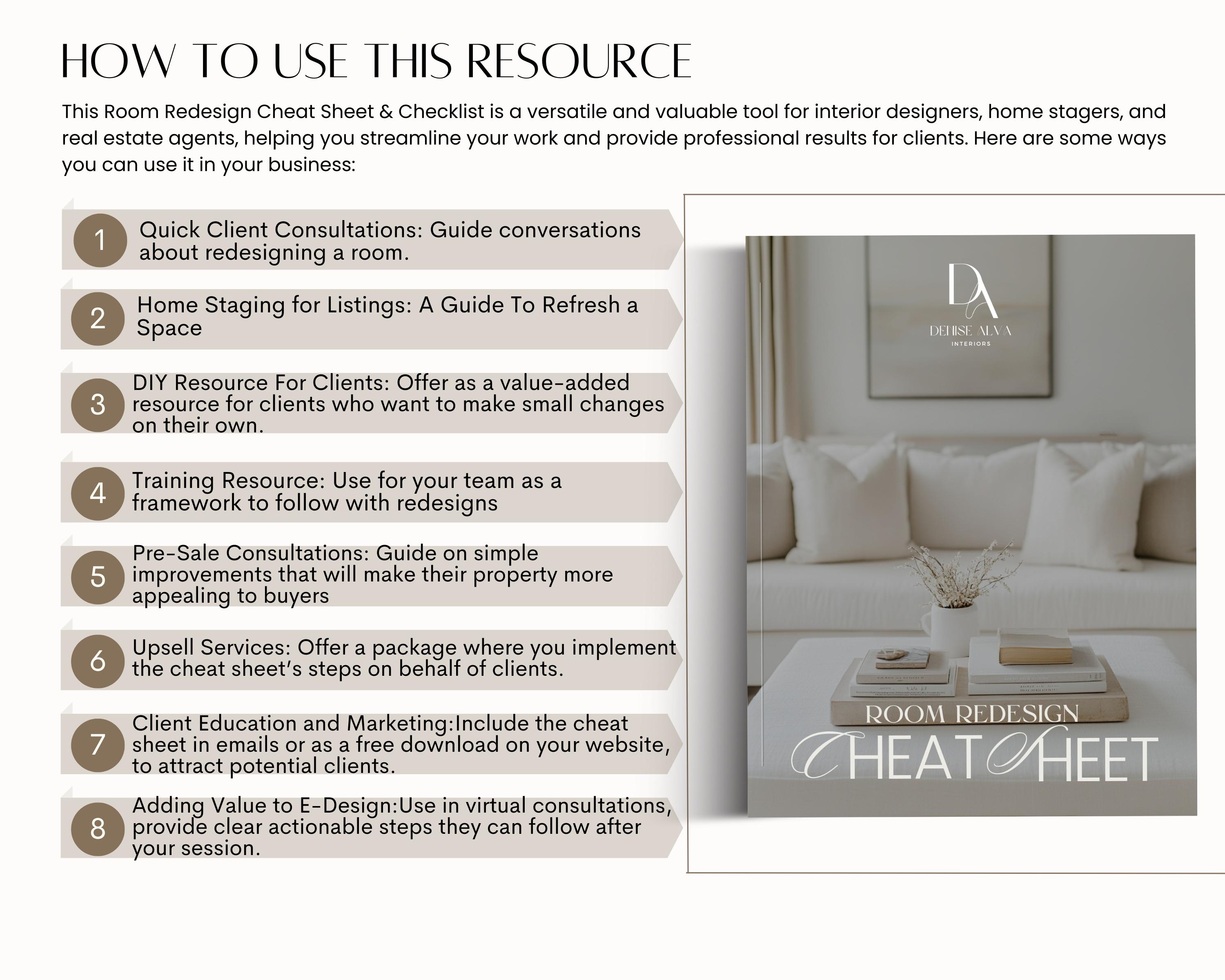 Interior Design Room Redesign Cheat Sheet + Client Guide | White Label ...