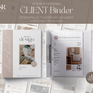 Cuaderno de diseño de interiores para clientes, plantillas esenciales para la gestión de proyectos, organizador de diseño, hojas de trabajo, hojas de especificaciones y más.