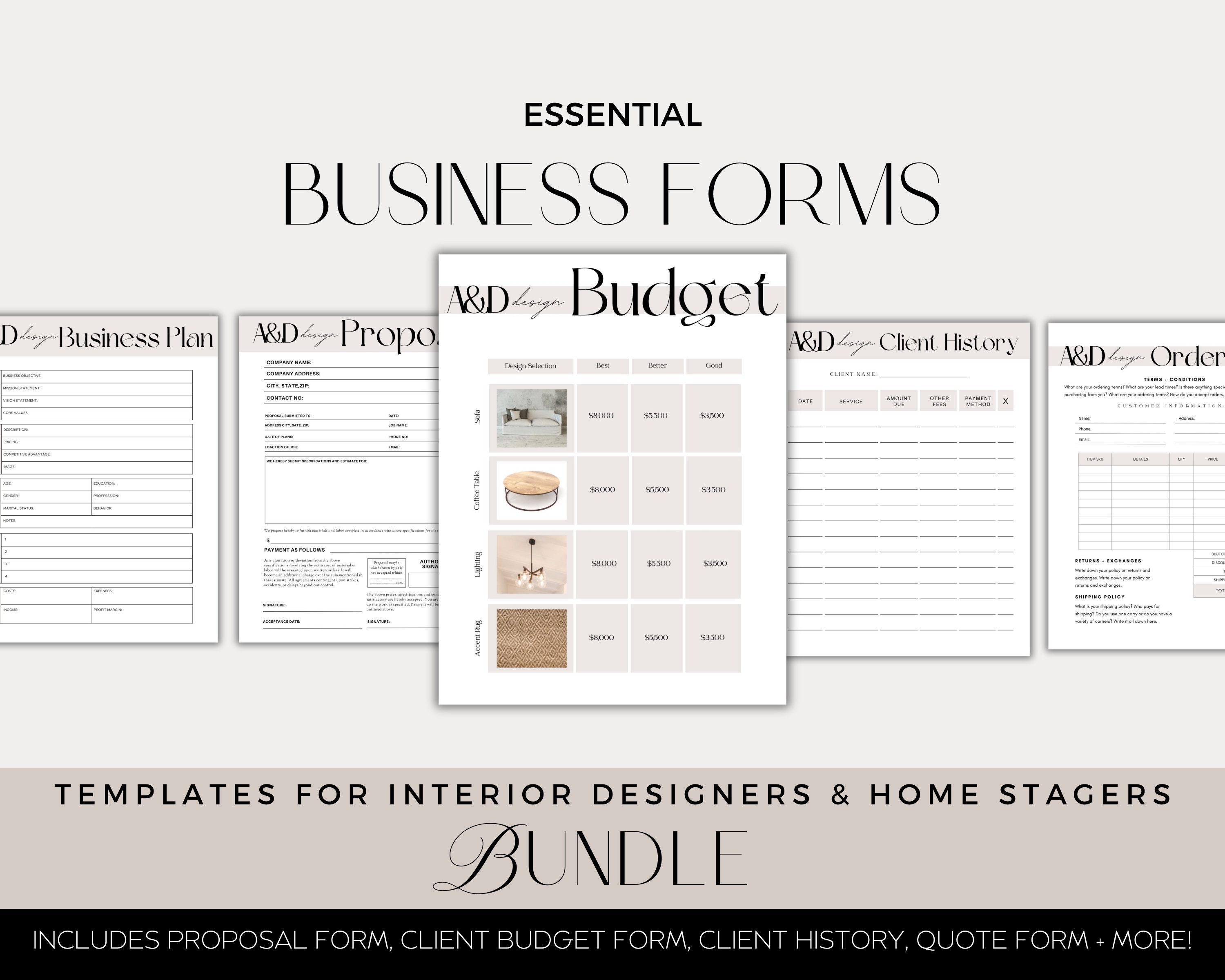 Interior Design Business Forms Bundle | Template Kit: Quote, Client ...