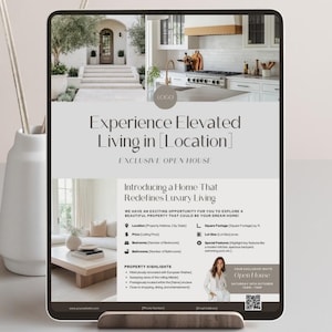 May include: A digital tablet displays a real estate advertisement. The ad features the text "Experience Elevated Living" and "Exclusive Open House." Images of a luxury home interior and exterior are included, along with property details and a QR code.