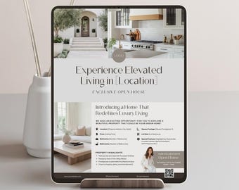 Puede incluir: Una tableta digital muestra un anuncio inmobiliario. El anuncio presenta el texto "Experience Elevated Living" y "Exclusive Open House". Se incluyen imágenes del interior y exterior de una casa de lujo, junto con detalles de la propiedad y un código QR.