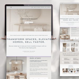May include: A website homepage for a home staging business called Ambience Design. The website features a light gray background with a white text header that reads "Transform Spaces, Elevate Homes, Sell Faster." The website also features a call to action to download a free staging guide.