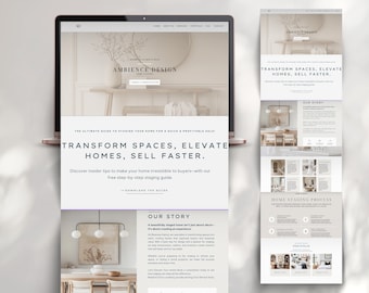 May include: A website homepage for a home staging business called Ambience Design. The website features a light gray background with a white text header that reads "Transform Spaces, Elevate Homes, Sell Faster." The website also features a call to action to download a free staging guide.