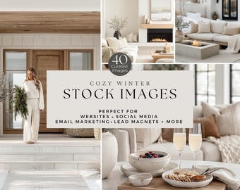 Puede incluir: Un collage de imágenes de diseño de interiores con un tema de invierno acogedor. Las imágenes incluyen una mujer con ropa blanca, una chimenea, una sala de estar y una mesa. El texto de la imagen dice "COZY WINTER STOCK IMAGES" y "PERFECT FOR WEBSITES • SOCIAL MEDIA • EMAIL MARKETING • LEAD MAGNETS + MORE."